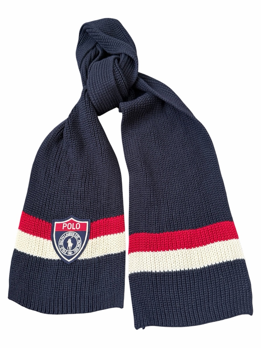 Polo by Ralph Lauren Navy Knit Scarf with Red & Cream Trim